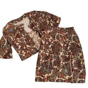 Vtg Paisley Boho 2PC Suit bell sleeve Barkcloth Tapestry MD Craftmade Old Money
